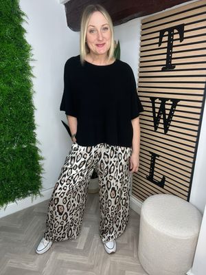 Satin Feel Animal Print Trouser - Stone
