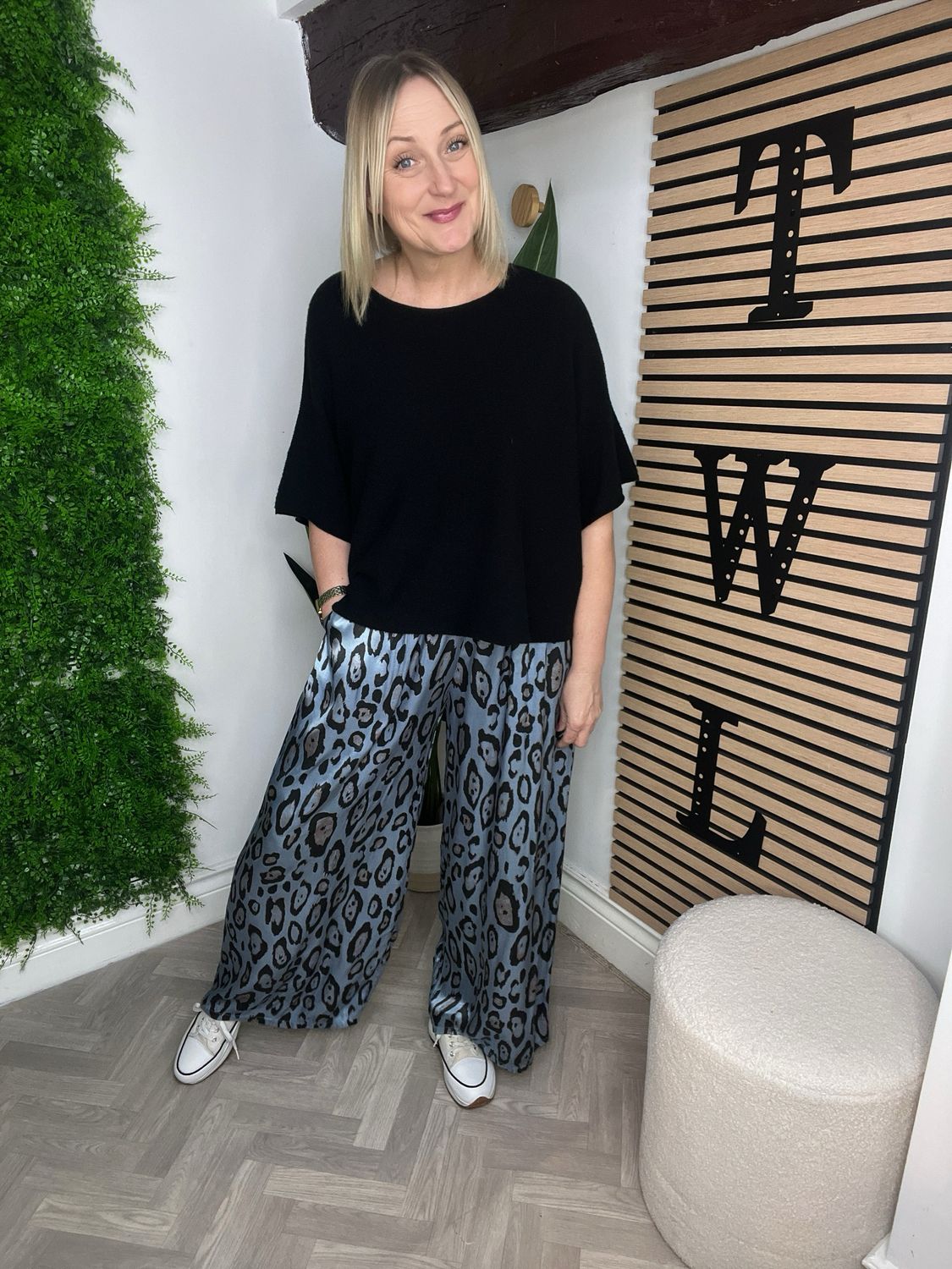 Satin Feel Animal Print Trouser - Blue