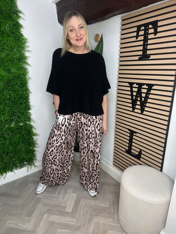Satin Feel Animal Print Trouser - Pink