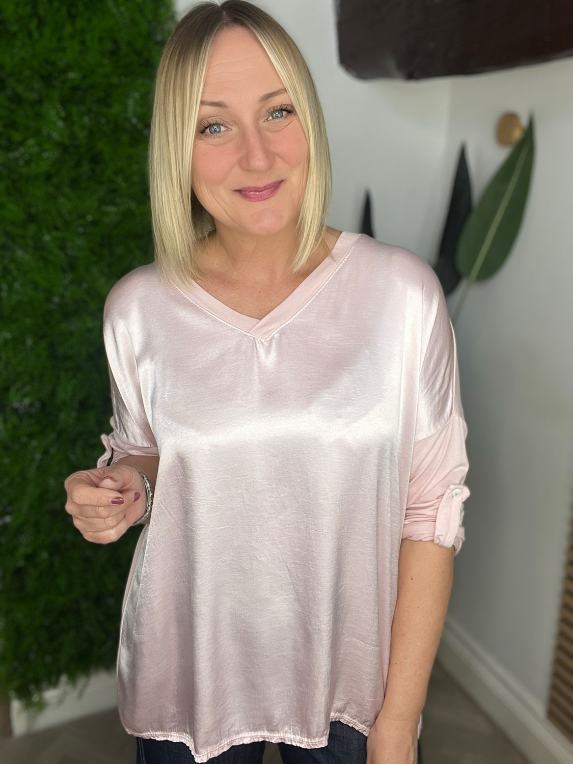 Satin Feel V Neck Top - Rose