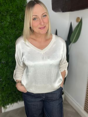 Satin Feel V Neck Top - Stone