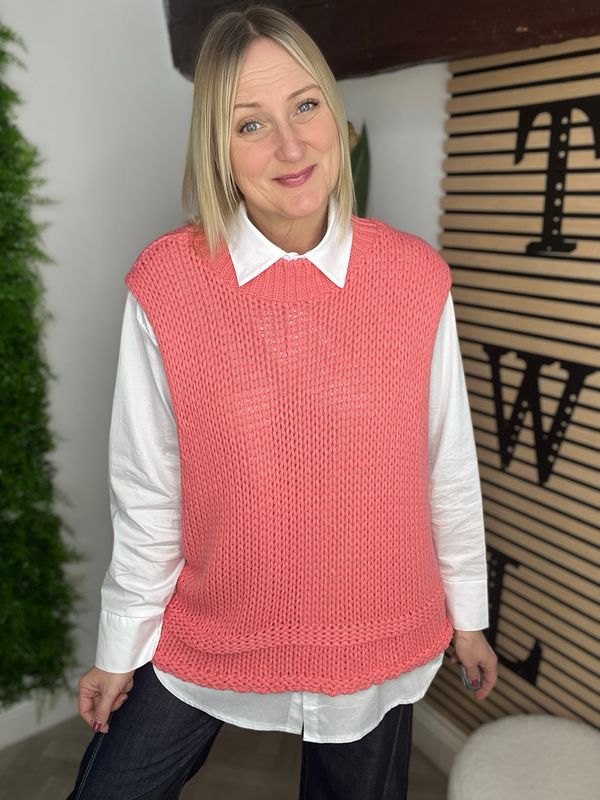 Chunky Knit Sleeveless Tunic - Coral