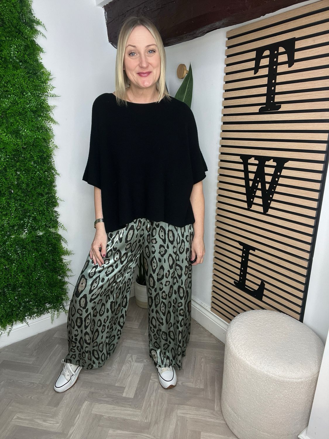 Satin Feel Animal Print Trouser - Green