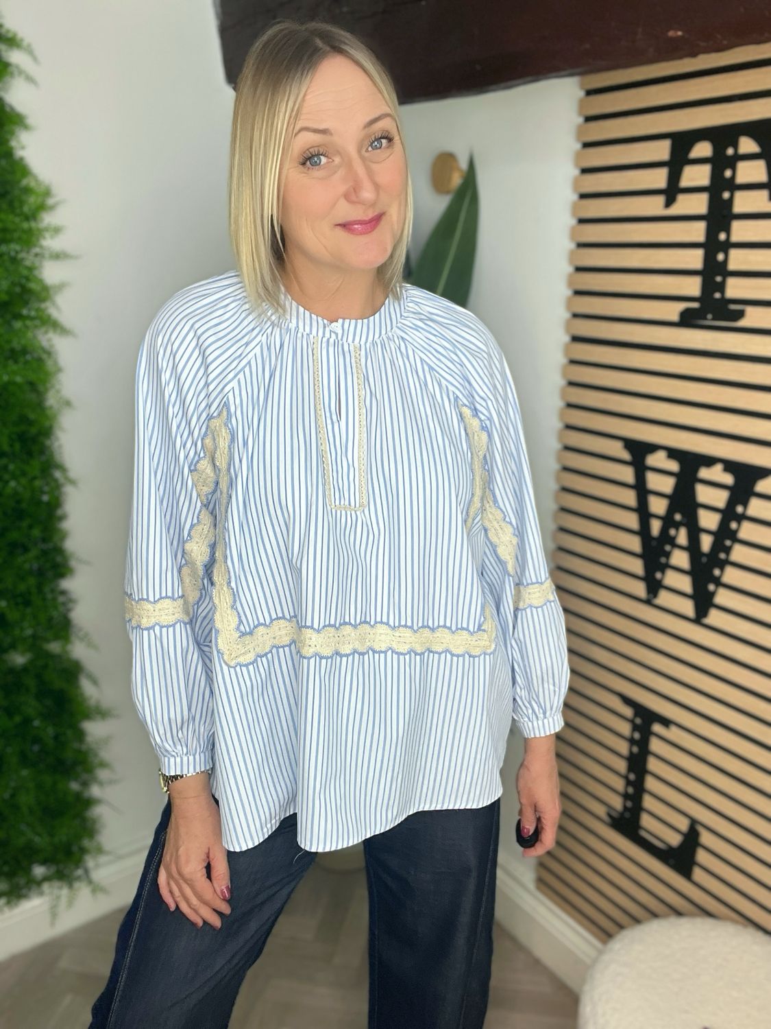 Crochet Detailed Blouse - Blue/White Stripe