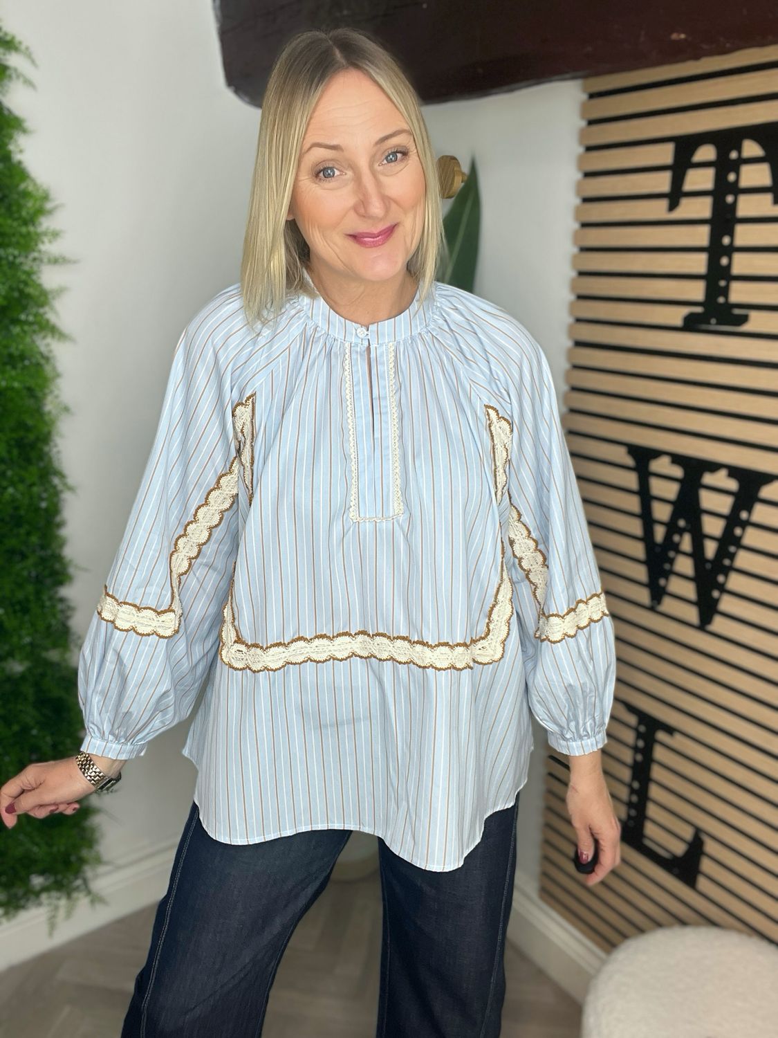 Crochet Detailed Blouse - Blue Stripe