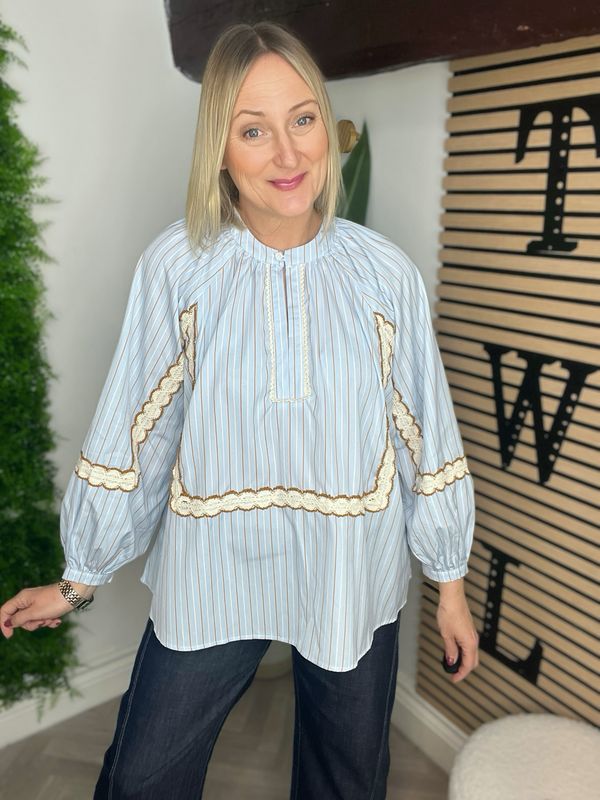 Crochet Detailed Blouse - Blue Stripe