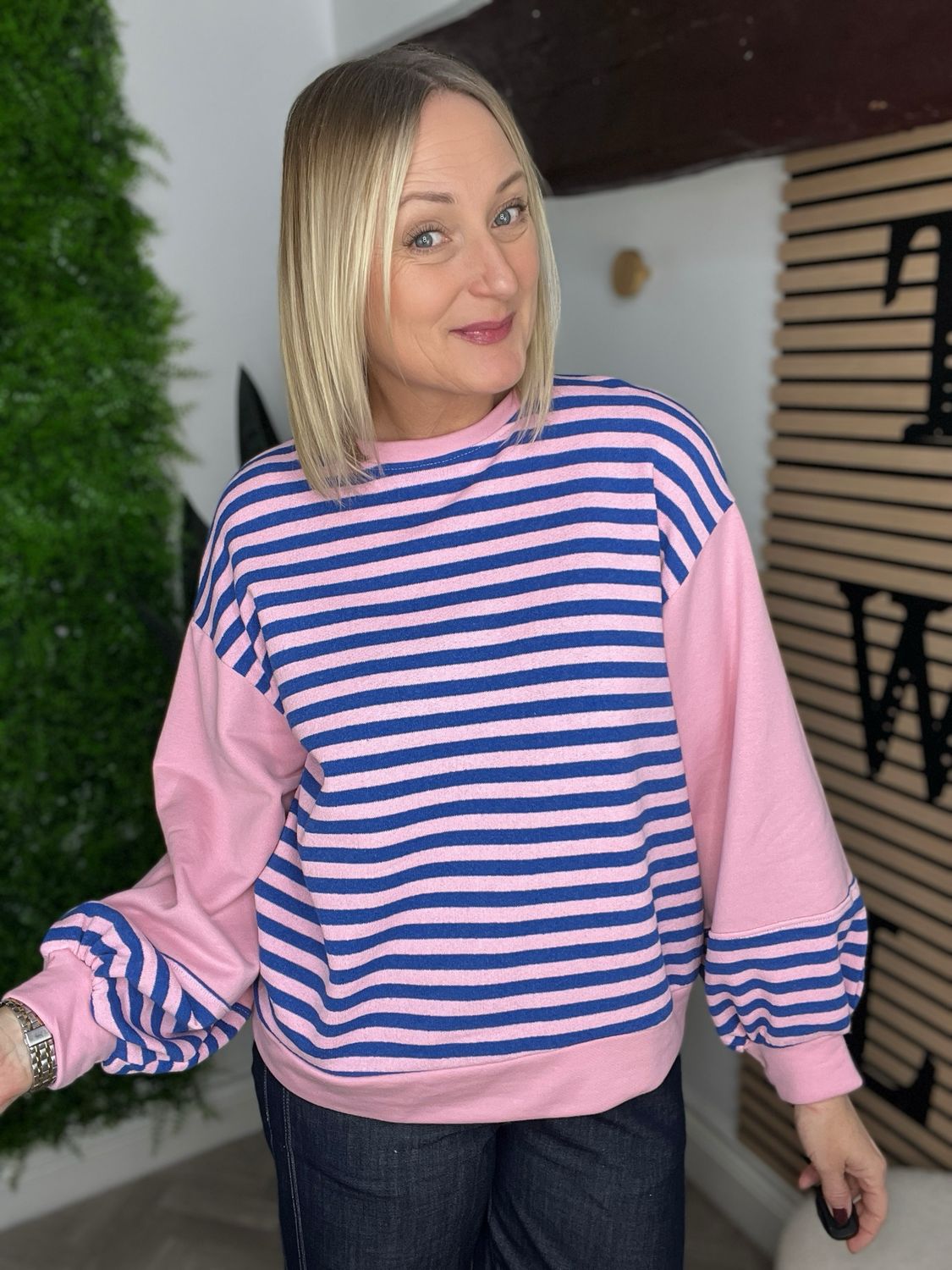 Ballon Sleeve Stripe Top - Blue & Pink