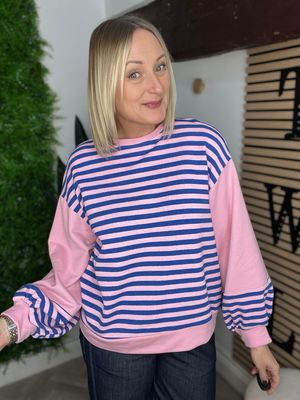 Ballon Sleeve Stripe Top - Blue & Pink
