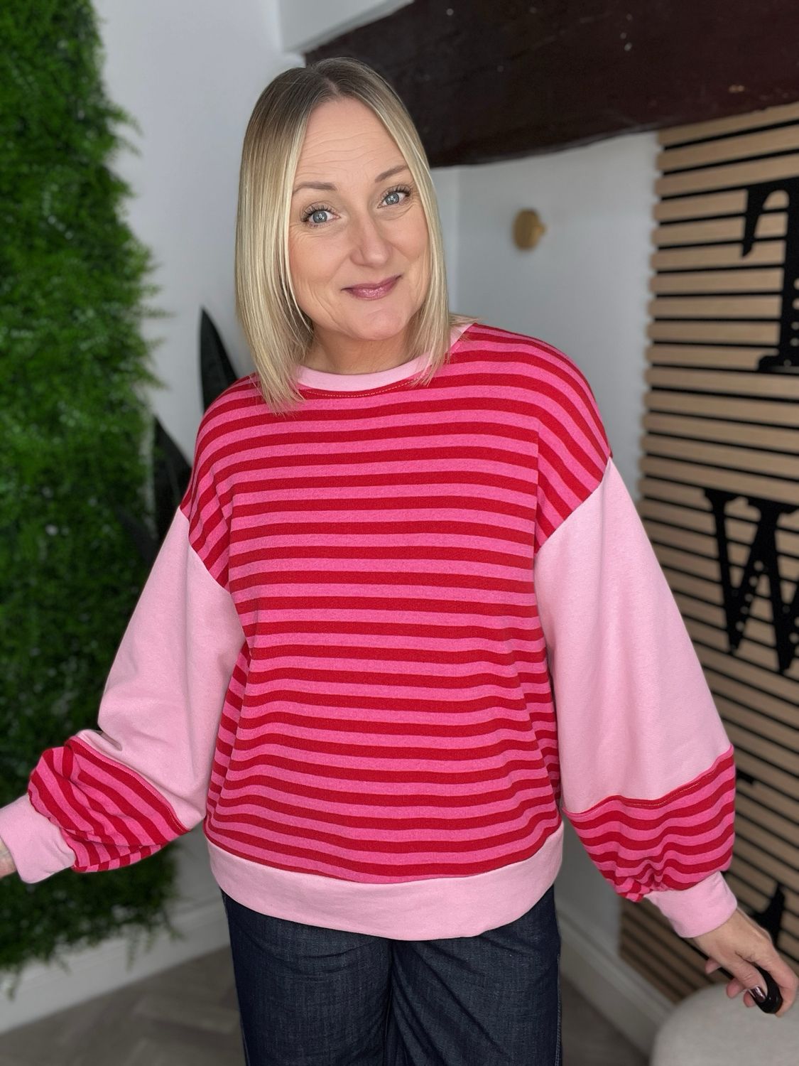Ballon Sleeve Stripe Top - Red & Pink