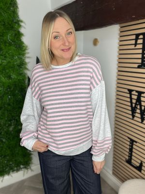 Ballon Sleeve Stripe Top - Grey & Pink