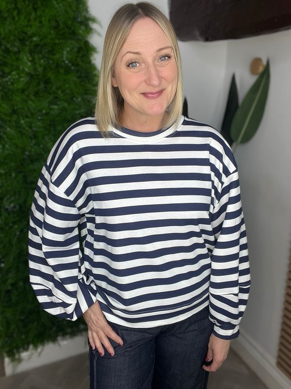 Ballon Sleeve Sweatshirt - Navy White Stripe