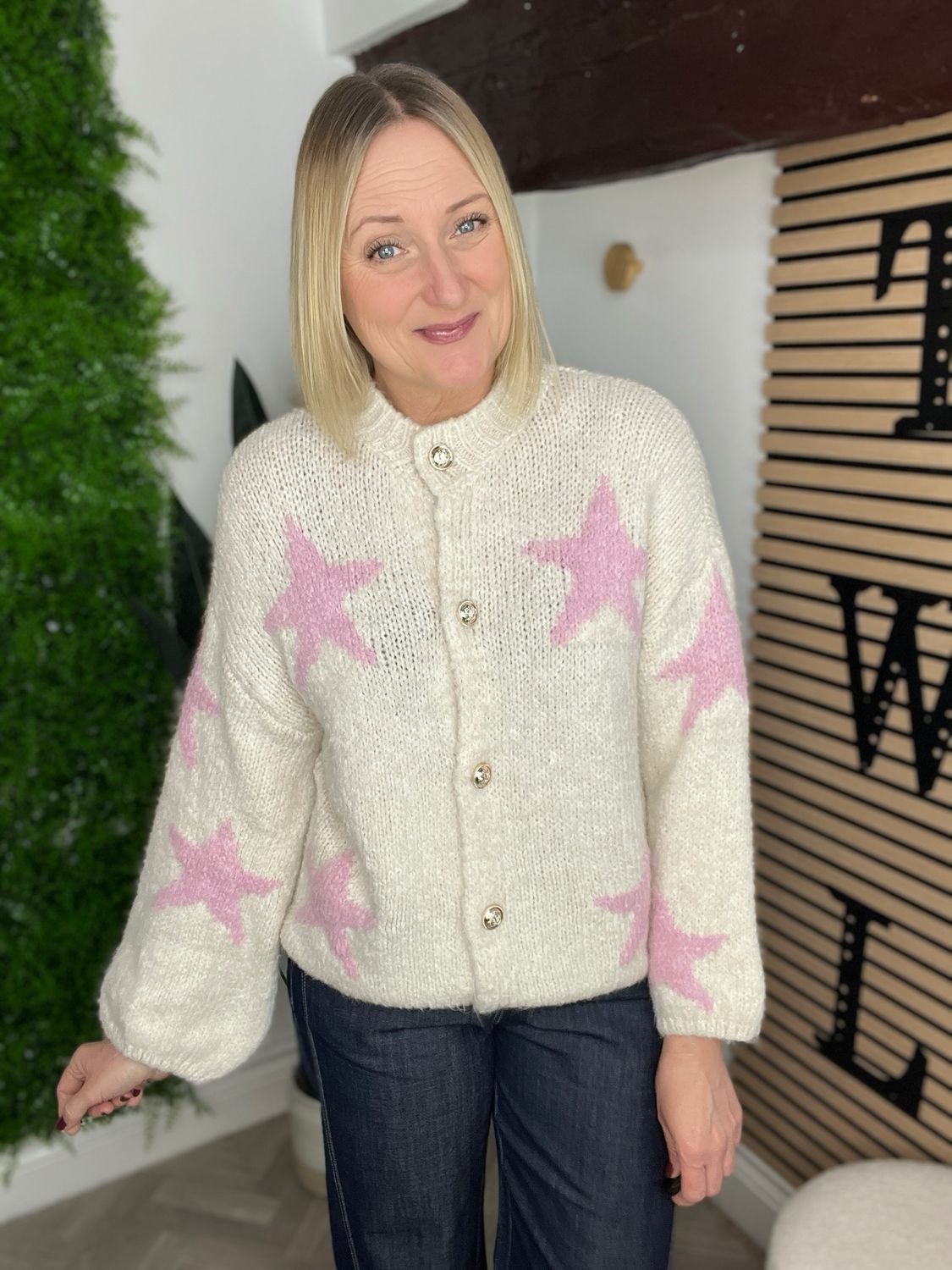 Star Knit Cardigan/Jumper - Cream & Pink