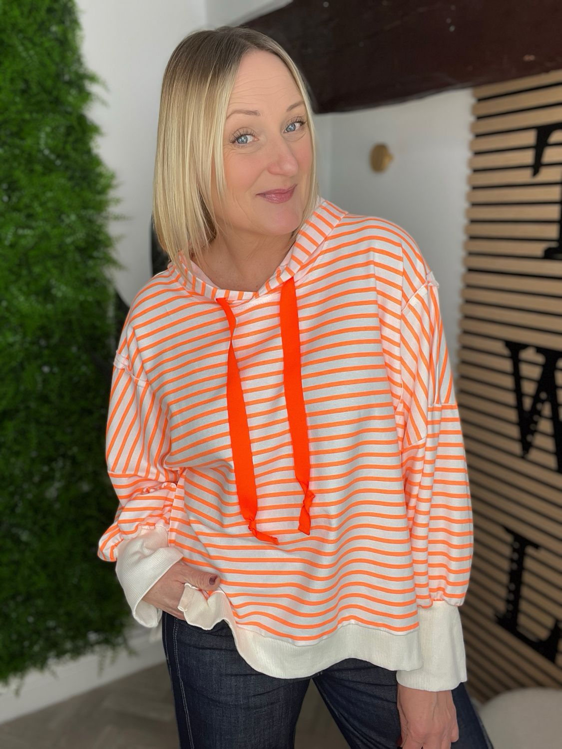Neon Stripe Loose Hem Hoodie - Orange