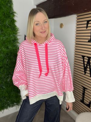 Neon Stripe Loose Hem Hoodie - Pink