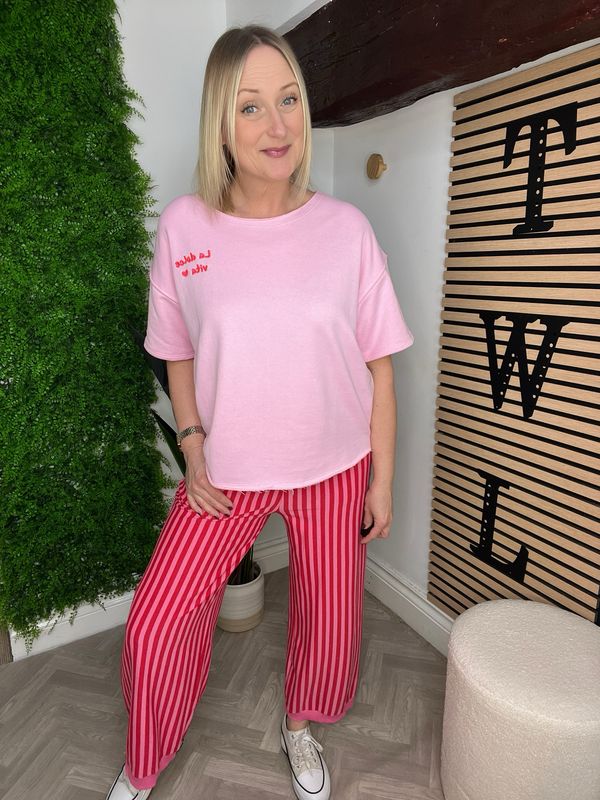 Loose Hem Cotton Stripe Jogger - Red & Pink