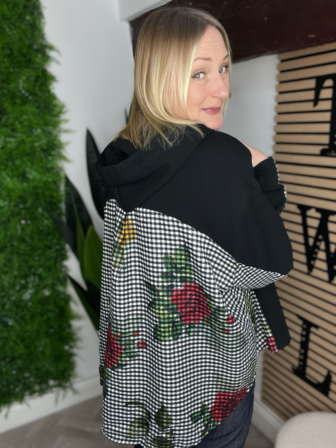 Gingham & Jersey Hoodie - Black