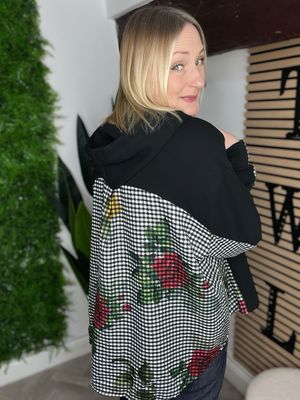 Gingham & Jersey Hoodie - Black