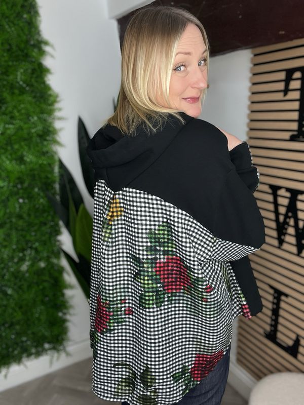 Gingham & Jersey Hoodie - Black