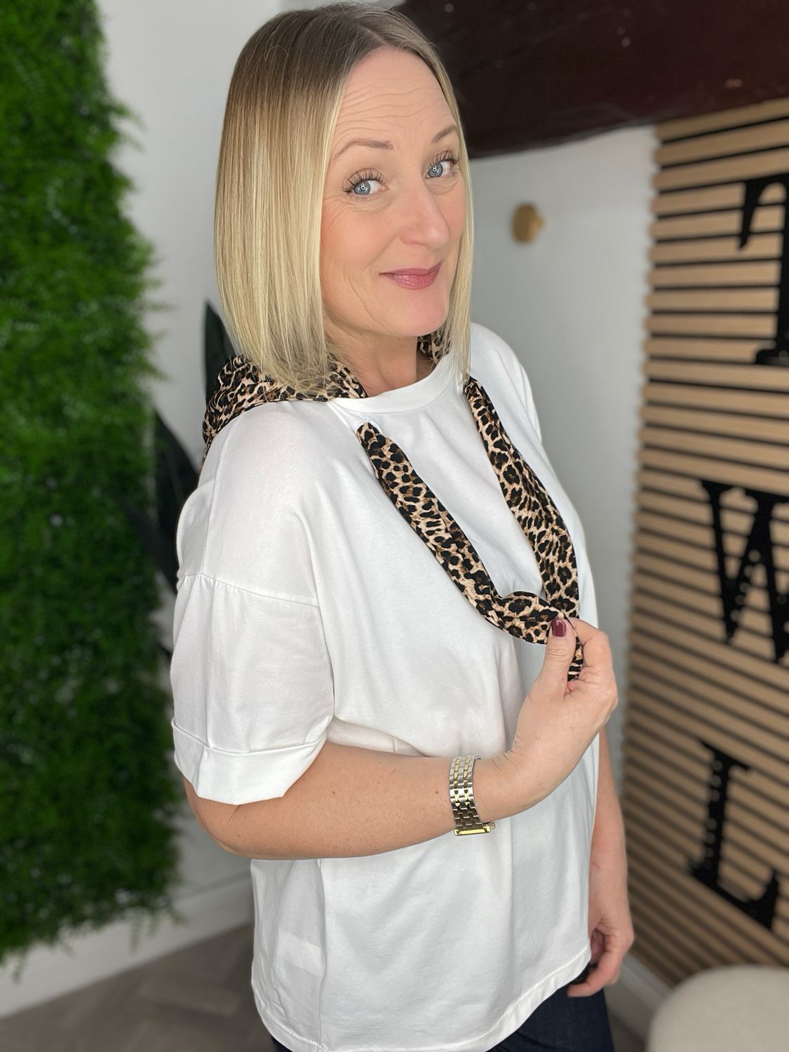 Scarf Detailed Tee - White & Animal Print