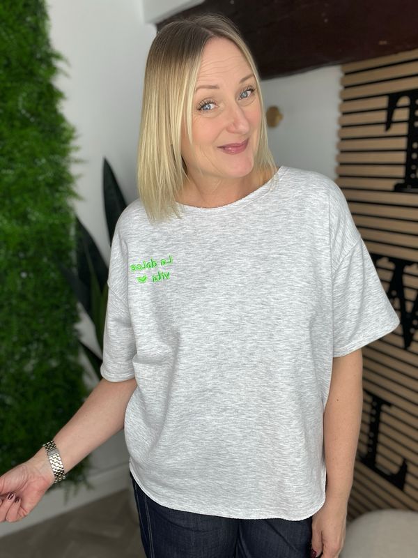 Short Sleeve Sweatshirt With Raw Edge - Marl Grey