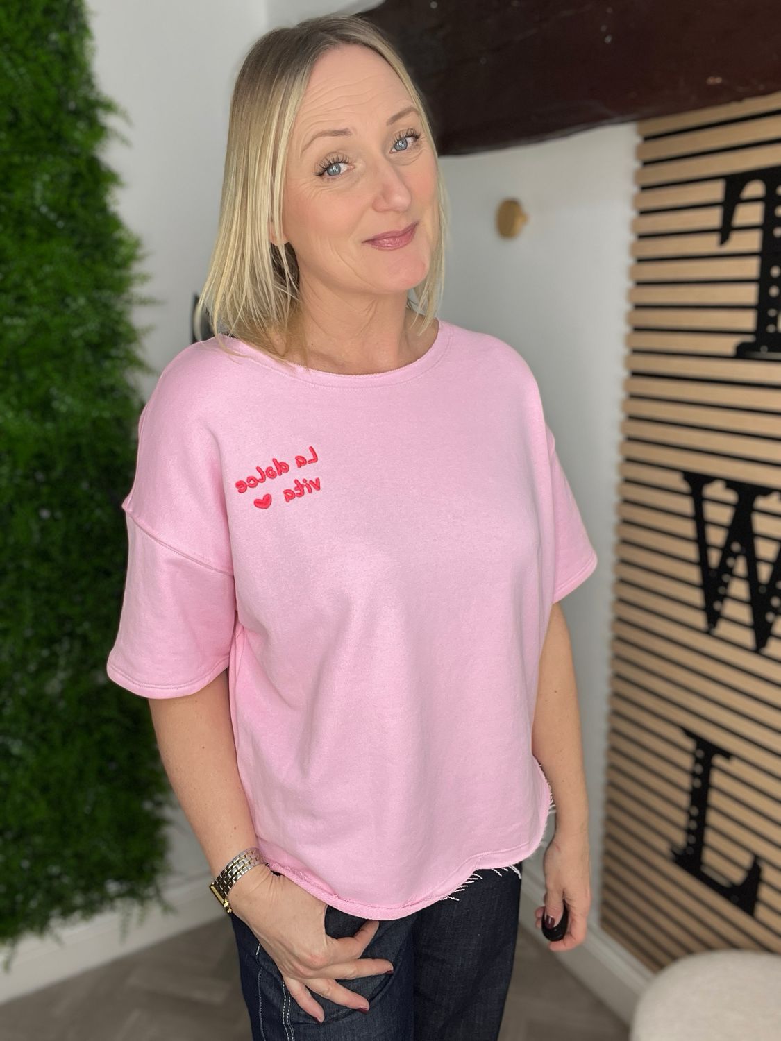 Short Sleeve Sweatshirt  With Raw Edge - Pink