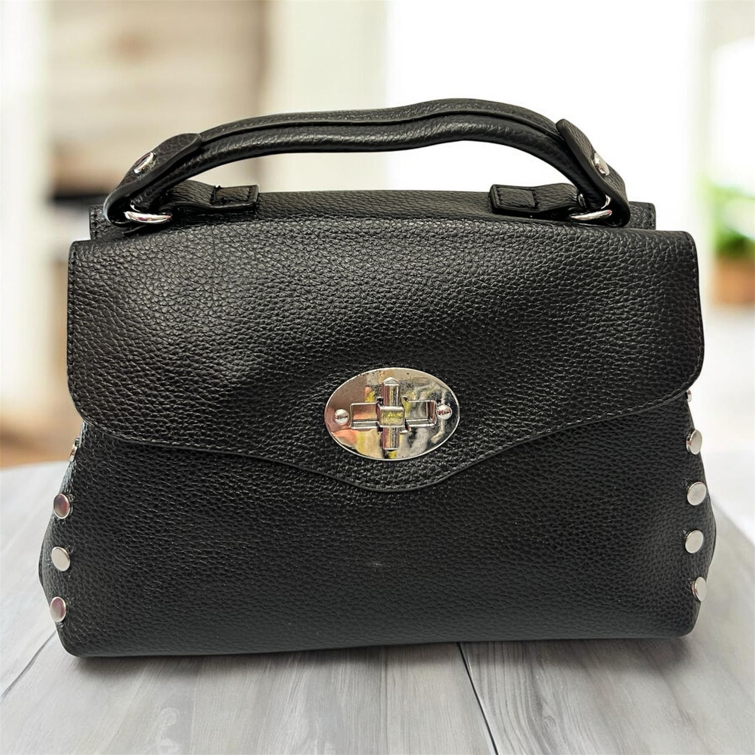 Twist Lock & Stud Handbag - Black ( Medium )