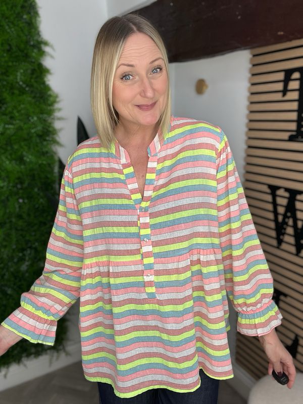 Smock Frill Blouse - Bright Stripe