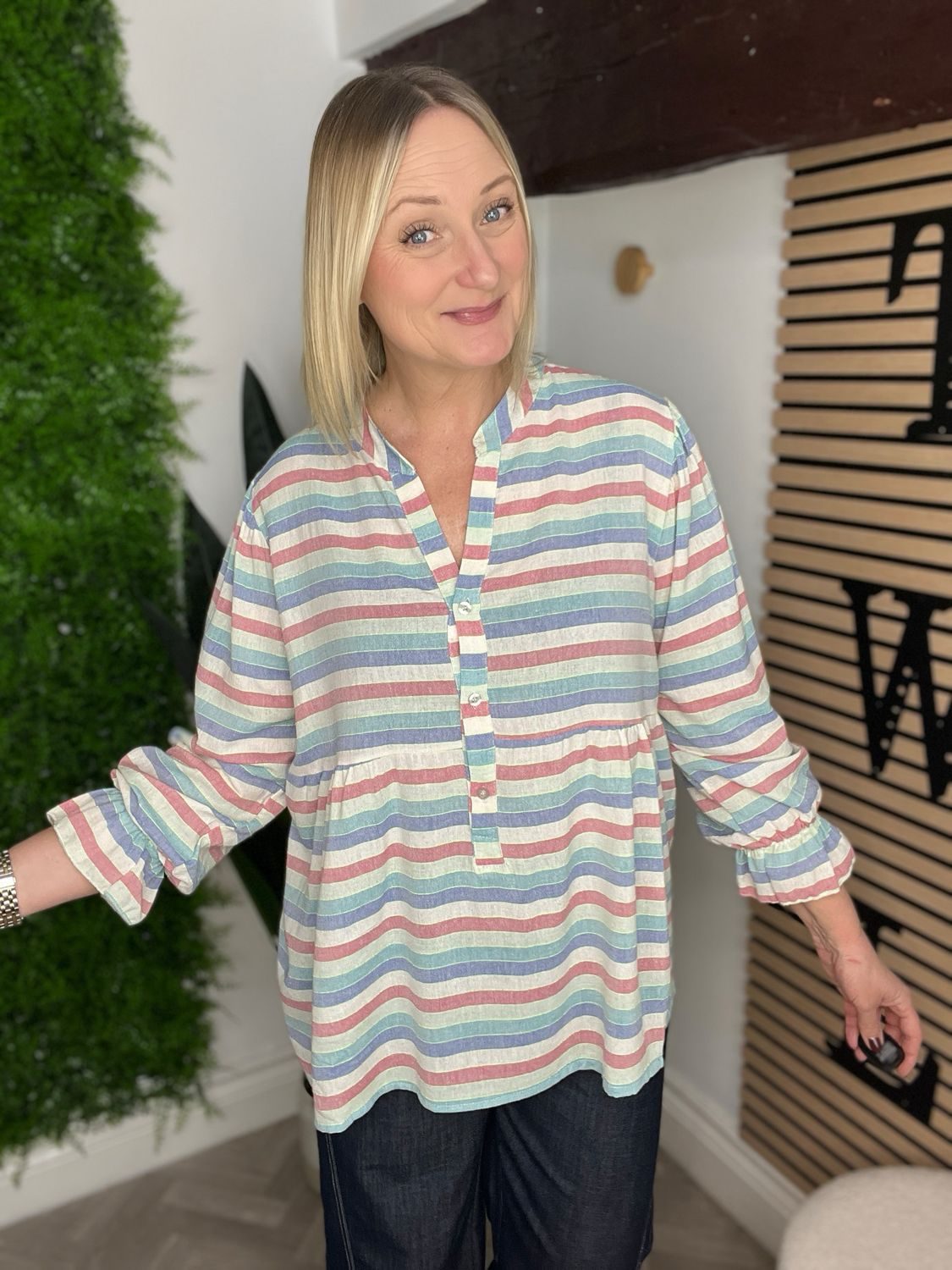 Smock Frill Blouse - Pastel Stripe