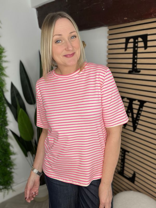 Box Fit Tee Striped - Pink & Ecru