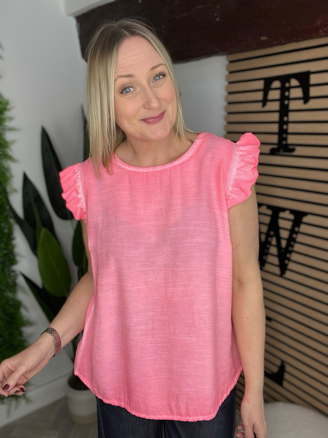 Frill Sleeve & Button Back Top - Neon Coral Frill Sleeve & Button Back Top - Neon Coral