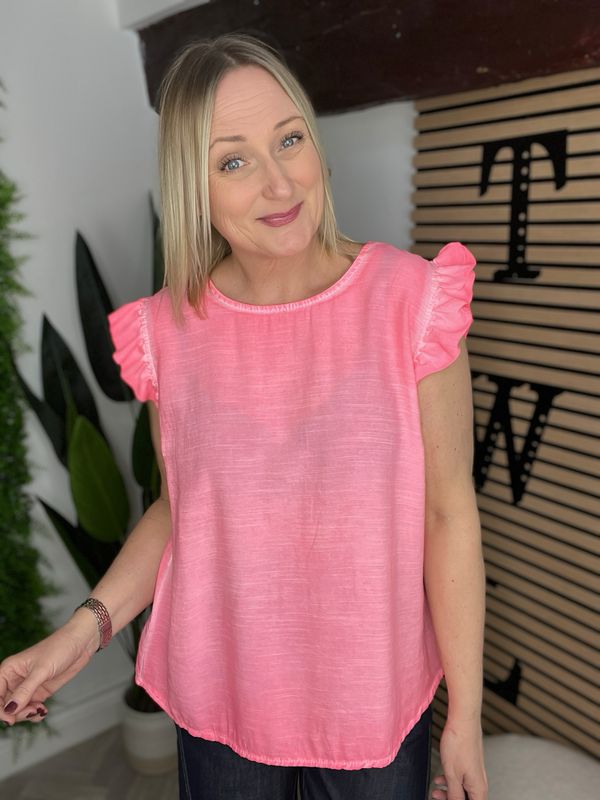 Frill Sleeve & Button Back Top - Neon Coral