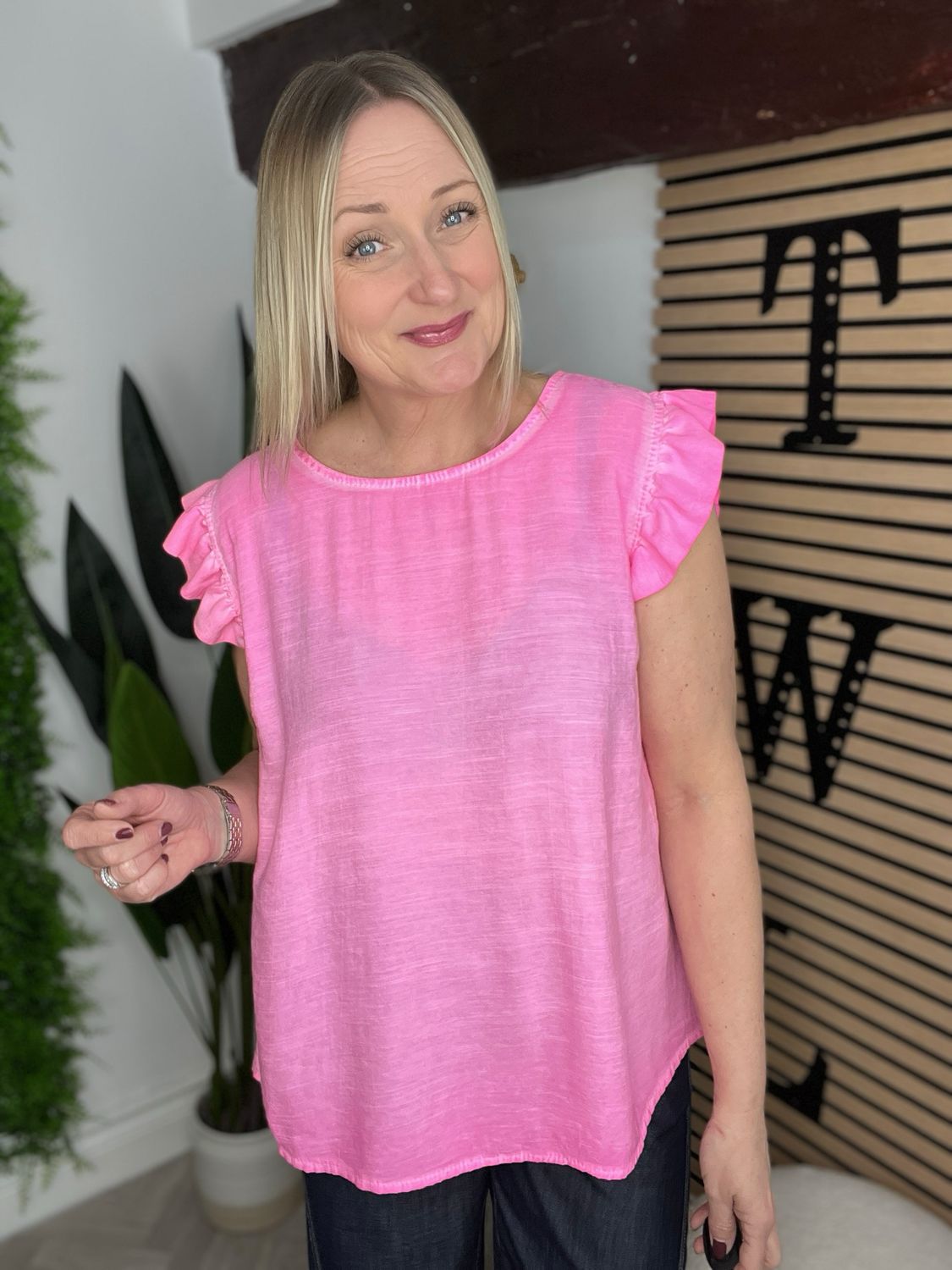 Frill Sleeve & Button Back Top - Neon Pink