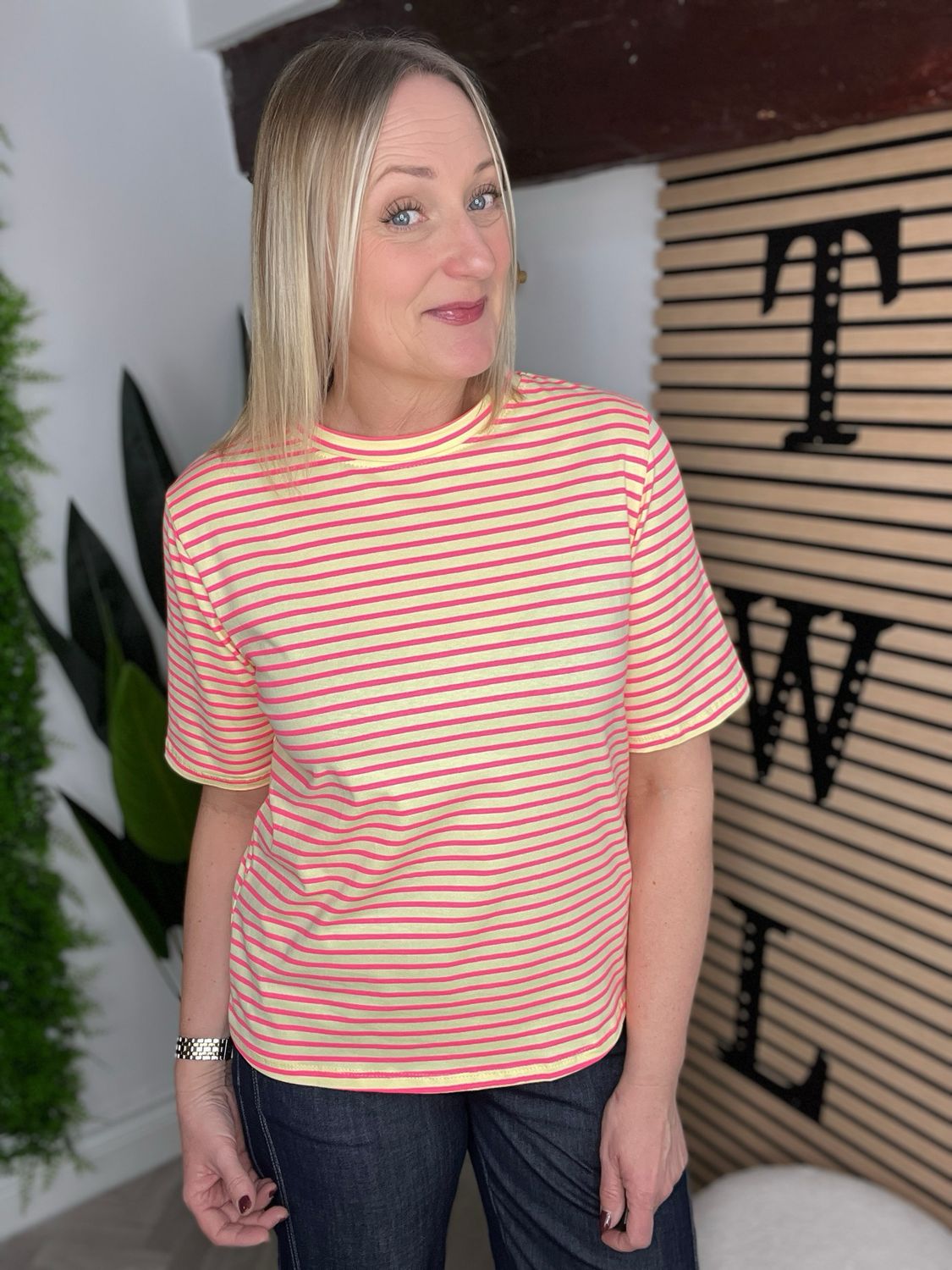 Box Fit Tee Striped - Pink & Lemon