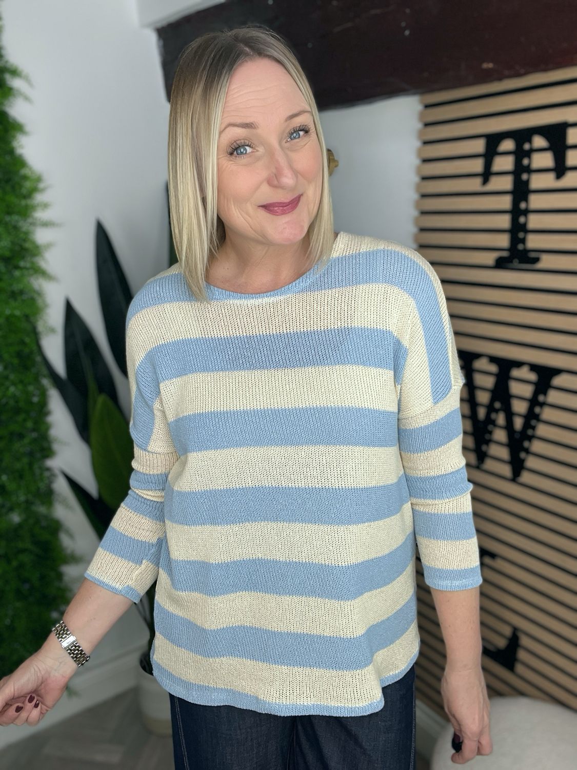 Light Knit Cotton Stripe Top - Light Blue & Cream