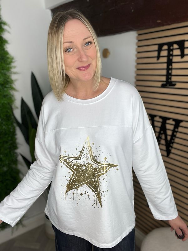 Gold Foil Star Top - White