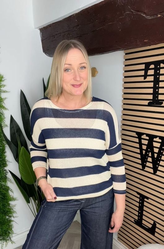Light Knit Cotton Stripe Top - Navy & Cream