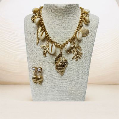 Coral & She’ll Gold Necklace & Earring Set