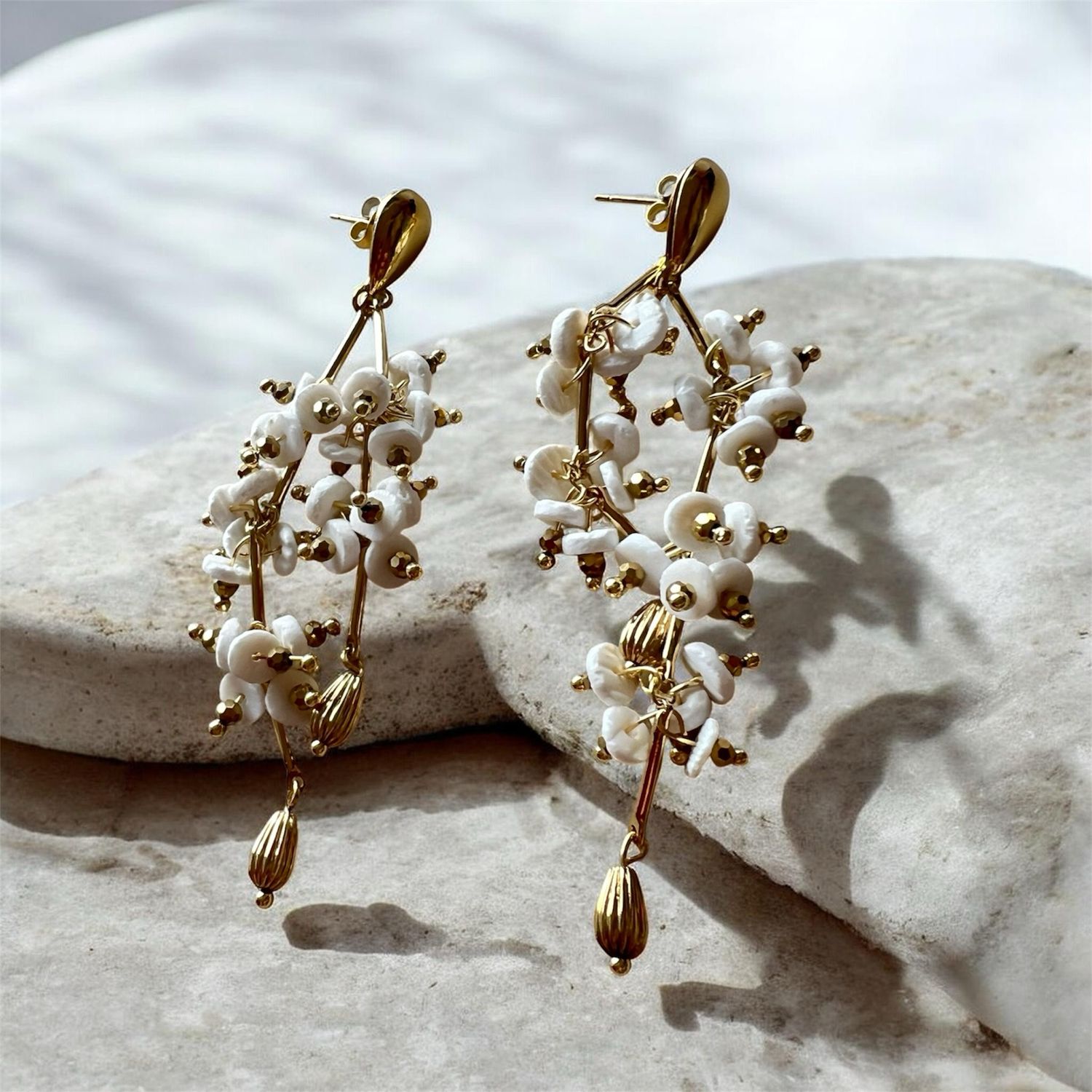 Drop Cluster Earrings- Cream & Gold