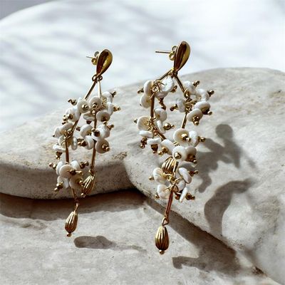 Drop Cluster Earrings- Cream & Gold