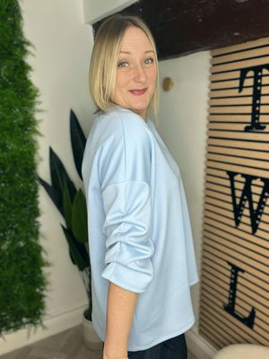 Ruched Sleeves Scuba Top - Light Blue