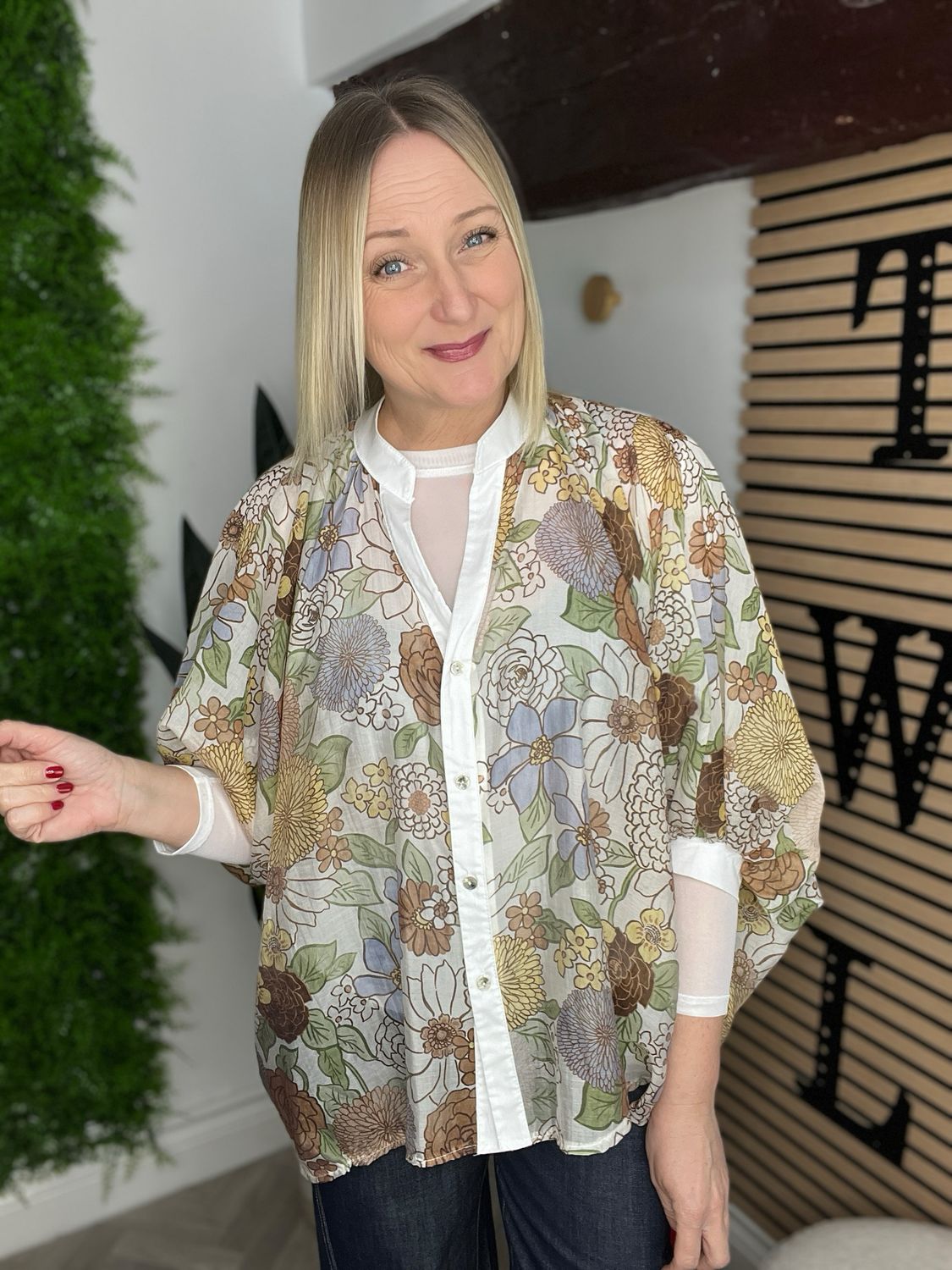 Sheer Cropped Sleeve Shirt - Floral Green/Blue/Brown Mix