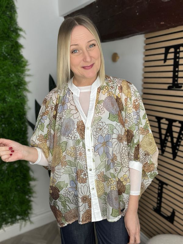 Sheer Cropped Sleeve Shirt - Floral Green/Blue/Brown Mix