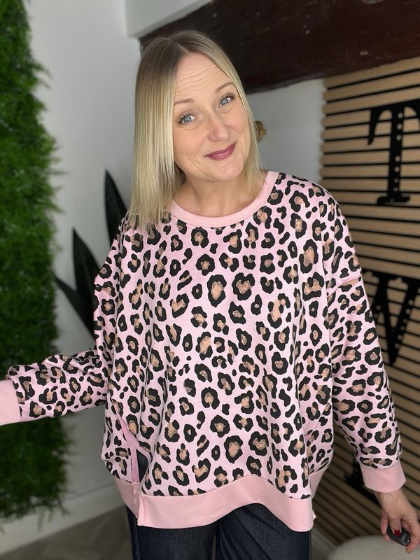 Animal Print Loose Hem Slit Detail Top - Rose