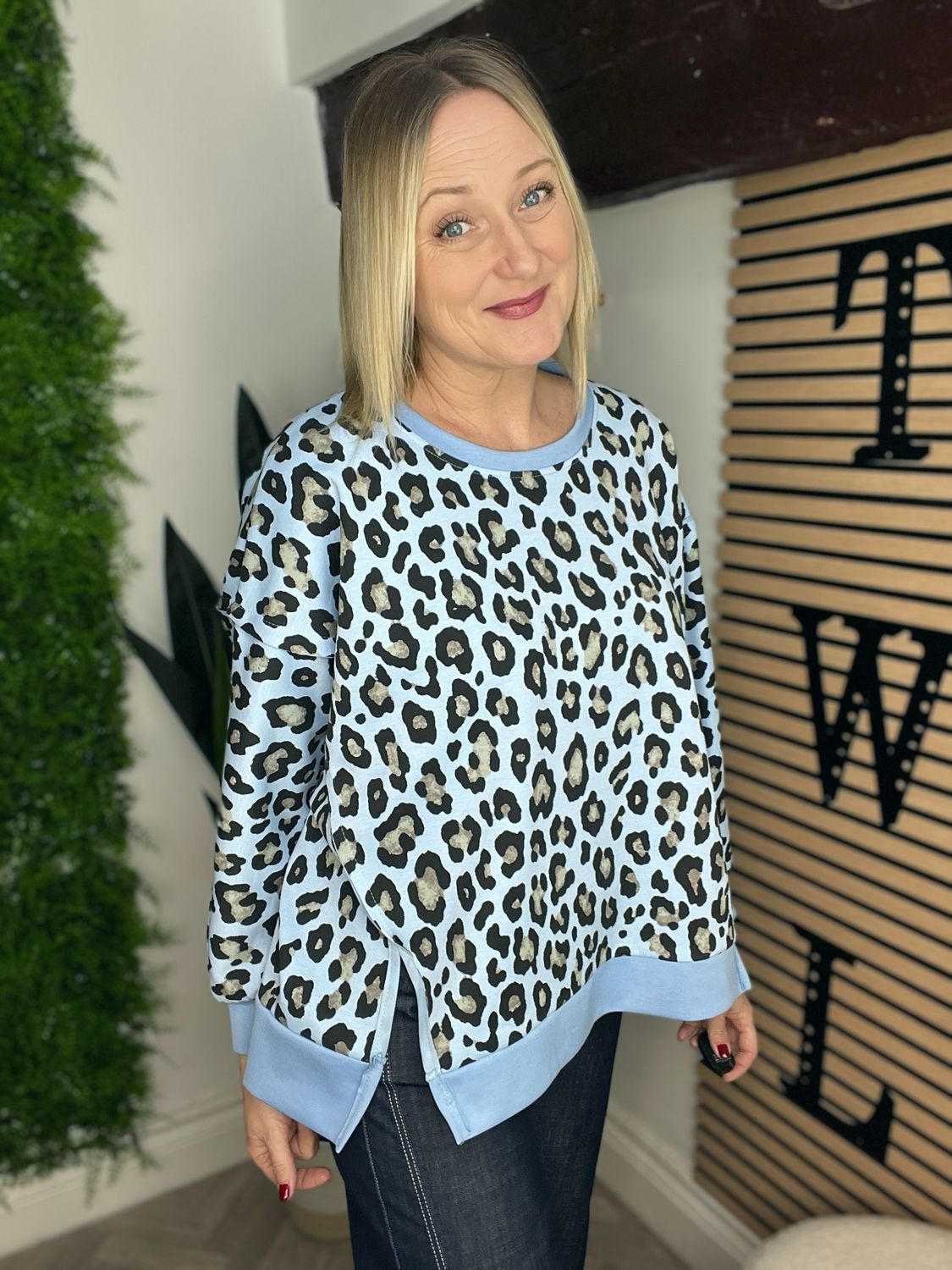 Animal Print Loose Hem Slit Detail Top - Blue