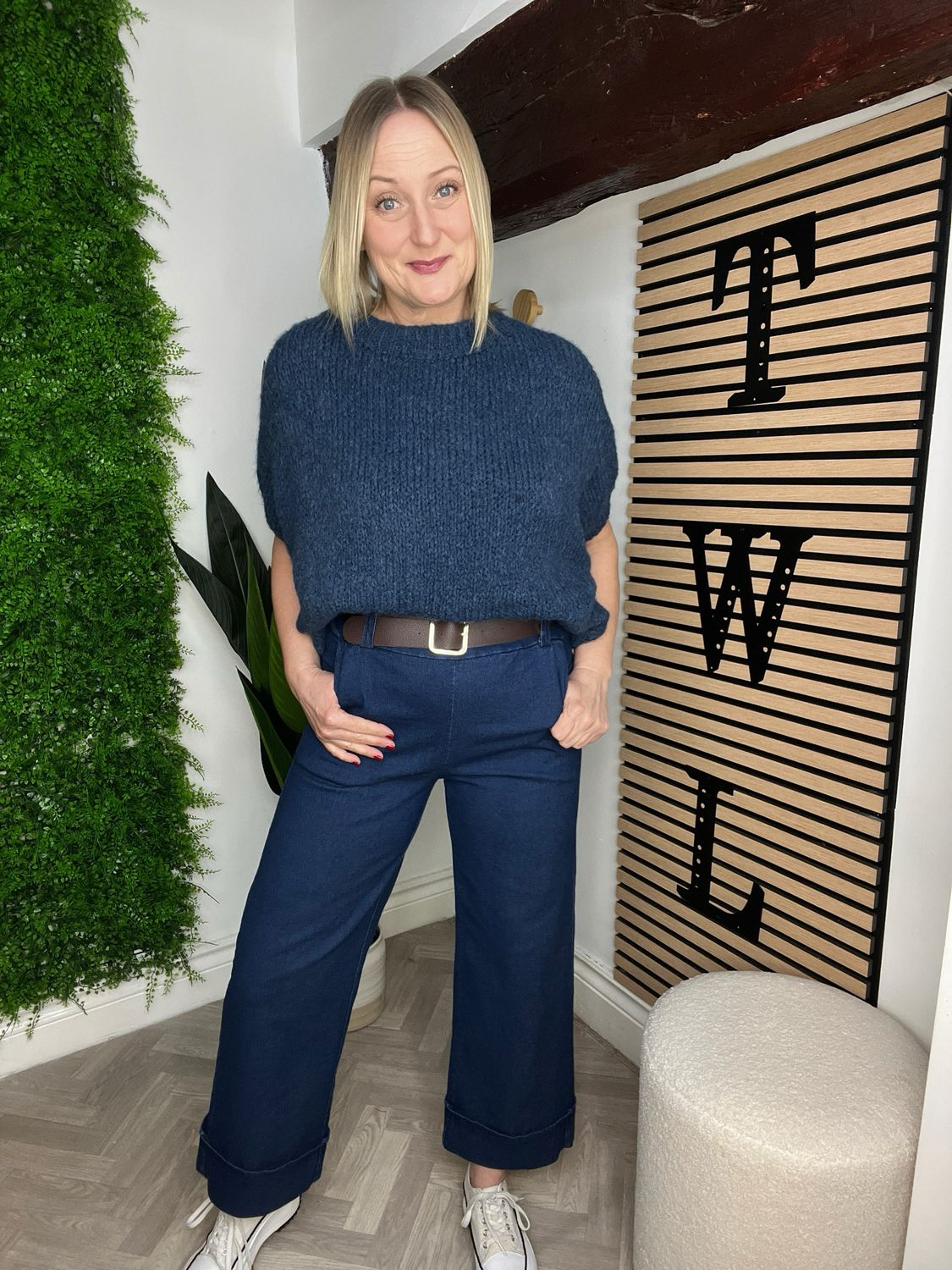 Wide Leg Turn Up Style Belted Jean - Mid Blue