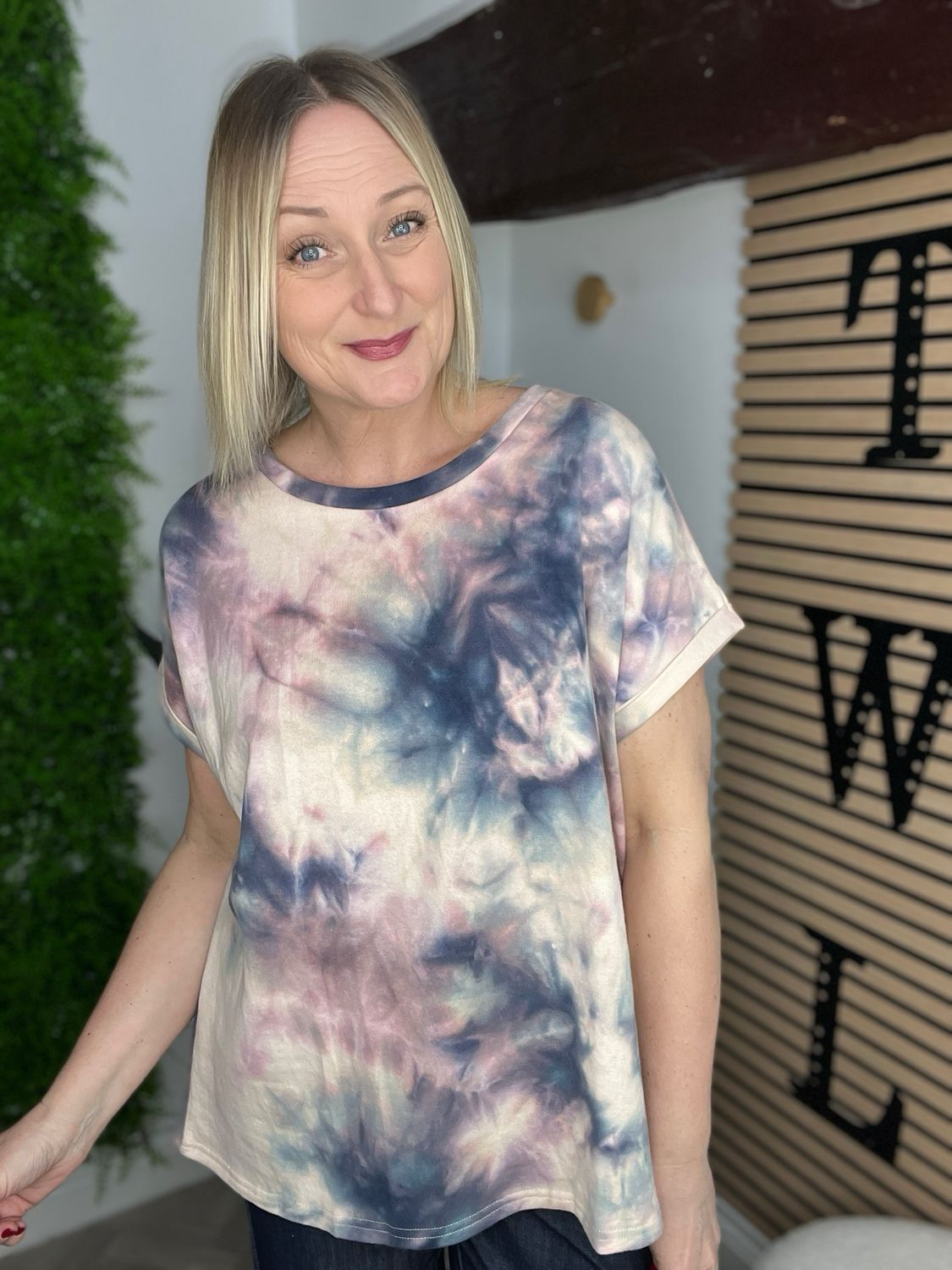 Modern Tie Dye Short Sleeve Top - Grey/Rose Mix