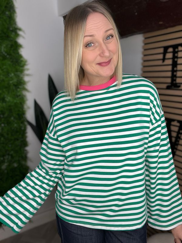 Long Sleeve Box Fit Top - Green Mix