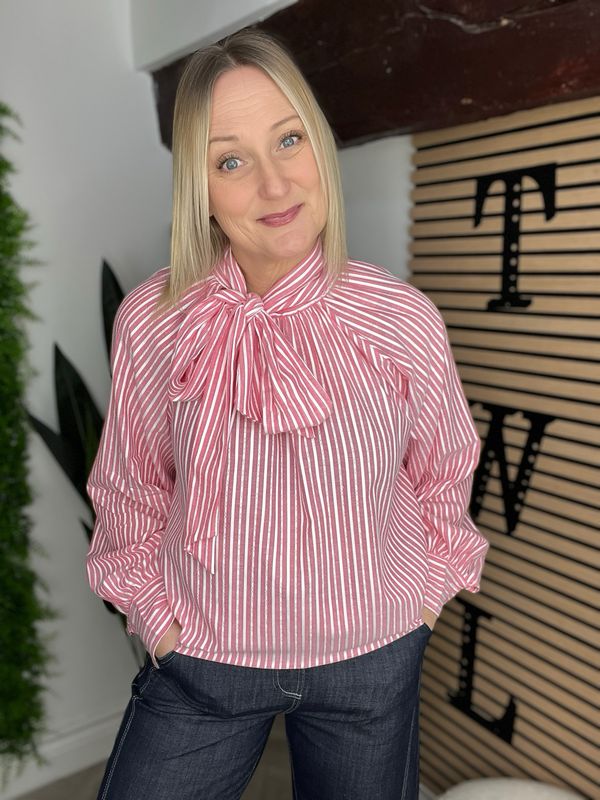 Striped Cotton Bow Blouse - Rasberry