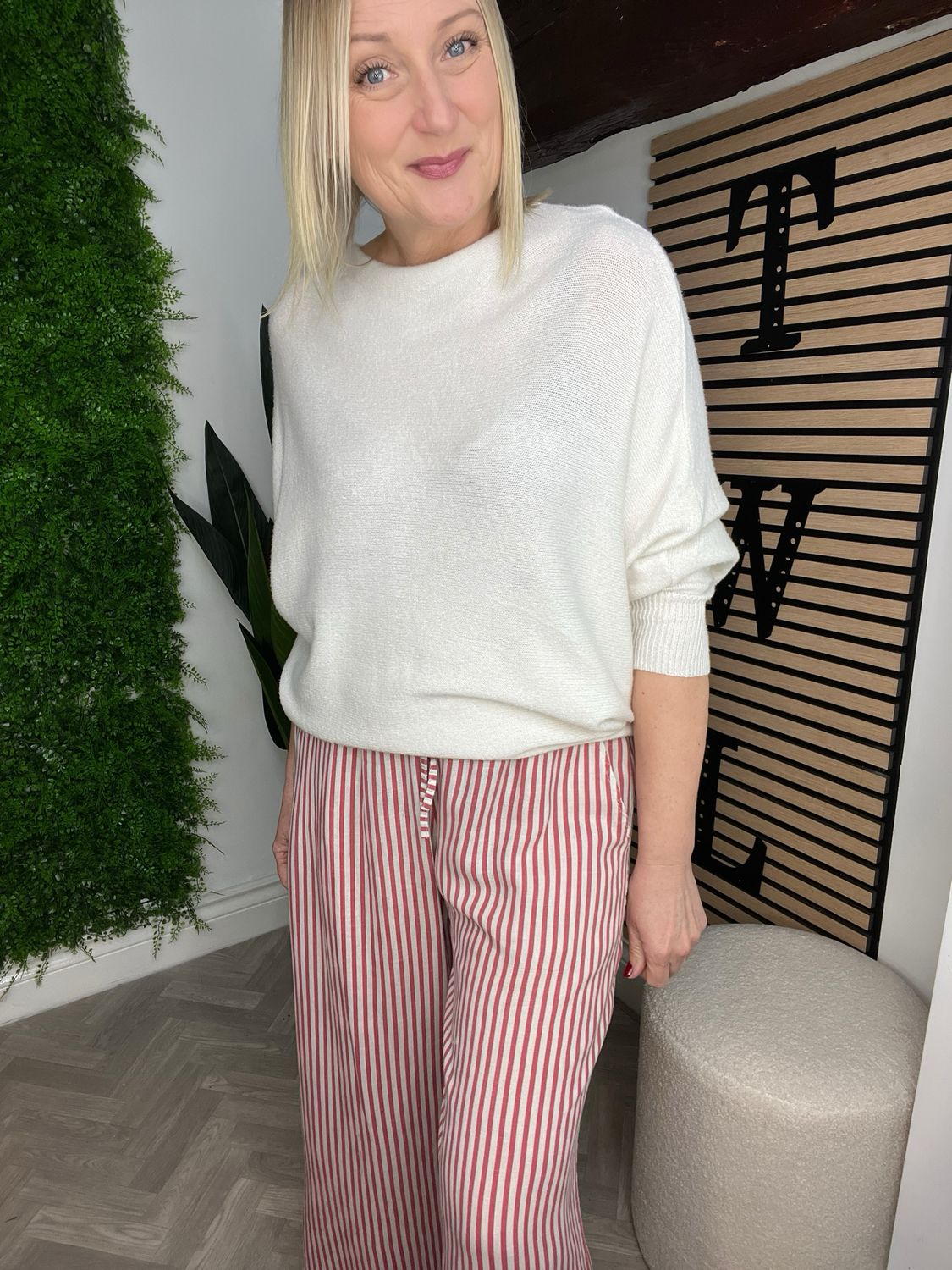 Striped Linen Wide Leg Trouser - Raspberry