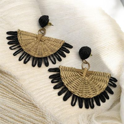 Wicker Style Fan Drop Earring - Black & Gold